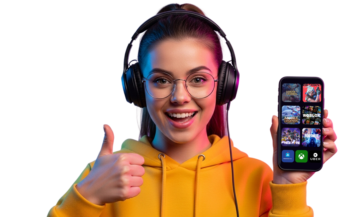 Mulher sorridente vestindo moletom amarelo, usando fones de ouvido grandes e óculos, segurando um celular com a tela voltada para frente. A tela exibe o aplicativo de resgates da Hypecon, operadora para gamers (hypecon.gg), mostrando 1200 Hypecoins disponíveis. São apresentadas opções de resgate como créditos em jogos, gift cards de plataformas, alimentação, streamings e outras categorias.