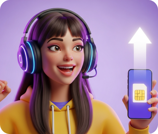 Jovem animada usando fones de ouvido e segurando um celular com ícone de chip.