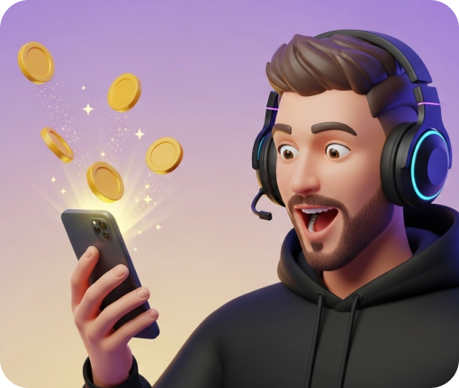 Homem surpreso olhando para moedas de ouro saindo de seu celular.